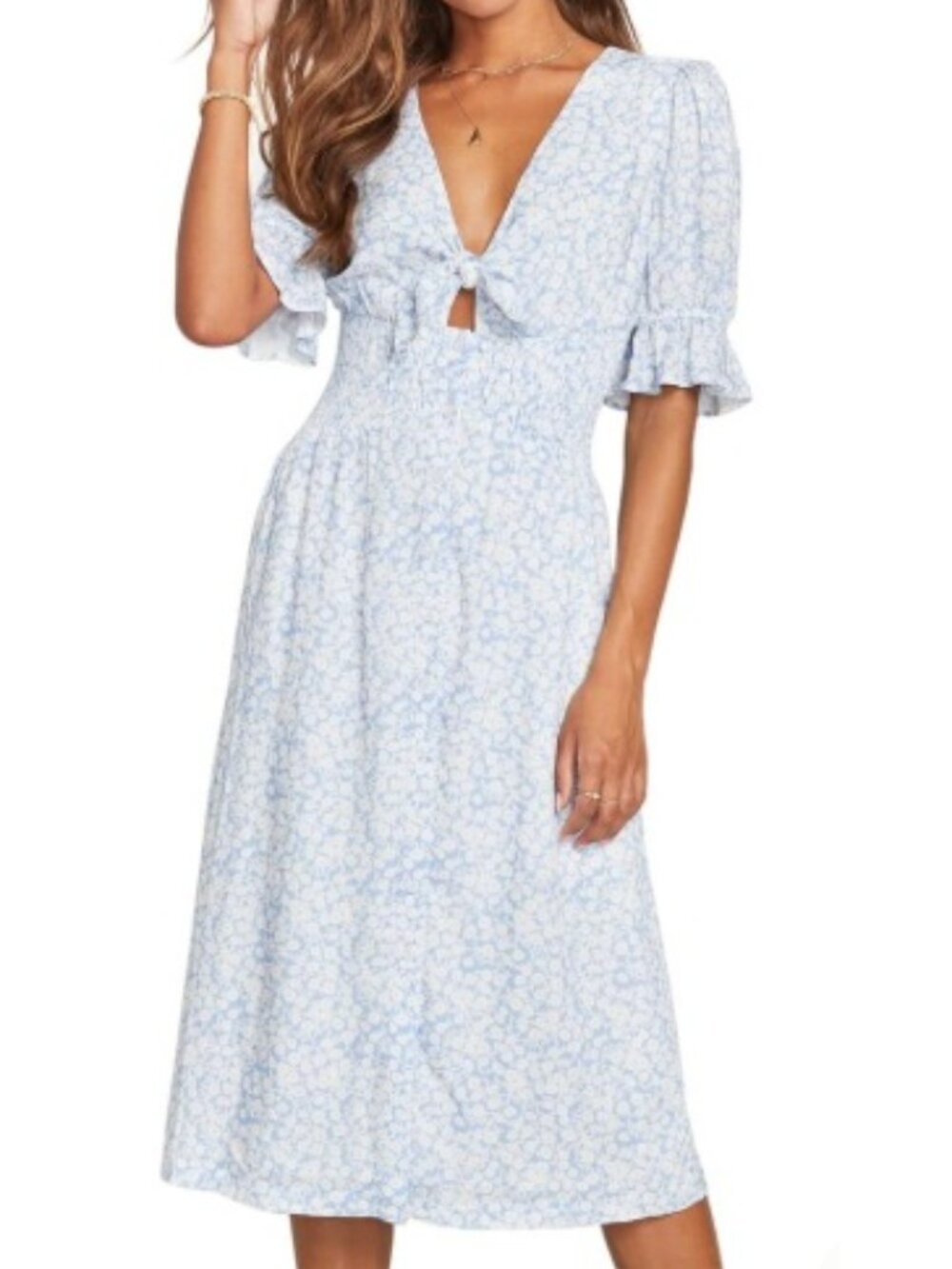 Lost + Wander Wander Tie Front Smocked waist Midi Dress